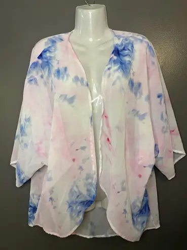Tie Dye Kimono Cardigan Womens Large Pink Blue Sheer Open Front Lightweight