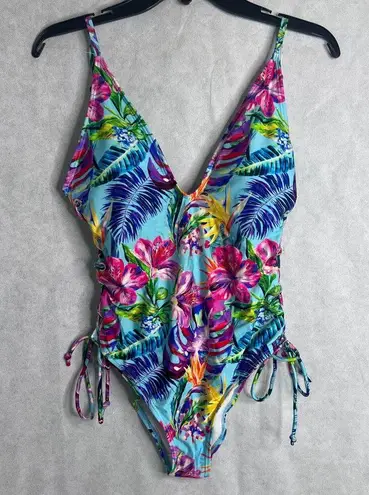Stylish Swimwear Triangle Top Tie Side Tropical Pattern Deep V Swimsuit Sz LG Blue