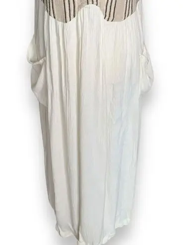 Vintage Rafia Studio Dress Cream Tan Vertical Striped Deep V Neck Draped Maxi Tan Size M