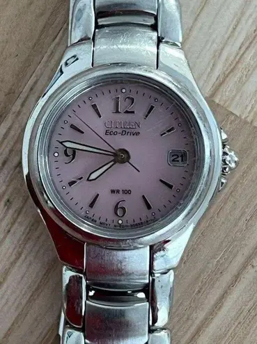 Citizen Eco-Drive Ladies Watch Pink Dial Stainless Bracelet WR100 Date Window