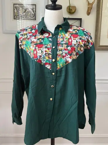 Vintage Tapestry Christmas Button Up Shirt L Green Size L