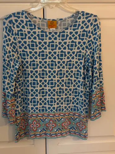 Ruby Rd Petite Geometric Print Bell Sleeve Tunic Top Blue White Orange Aqua PS Size undefined