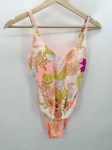 Breaking Waves Pink Floral Belted One Piece Swimsuit Women's Size Medium M NWT White