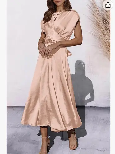 PRETTYGARDEN Women's 2023 Summer Satin Midi Dress Cap Sleeve Tie Waist Elegant A-Line Flowy Dresses