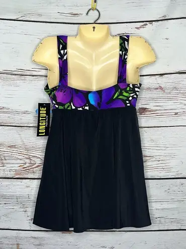 Longitude NWT Size 14 Black - Purple Floral Print Bathing Suit Swim Dress