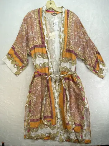 Magaschoni Kimono XS 100% Linen Orange Yellow Wrap Midi Dress $248 Swim coverup