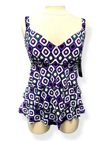 Swim Solutions Women’s One Piece Bathing Suit Purple Black Tiered Size 10 NWT