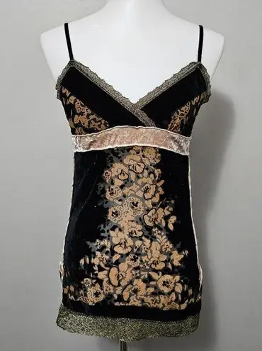 Yank Y2K Black Velvet Floral Beaded Babydoll Tank Top Size Medium