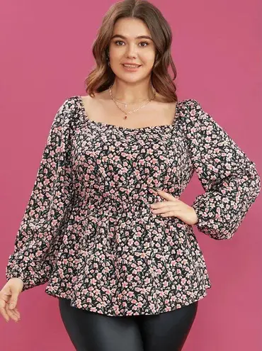 Bloomchic  Floral Black & Pink Lantern Sleeve Ruffles Square Neck Blouse 30 6X