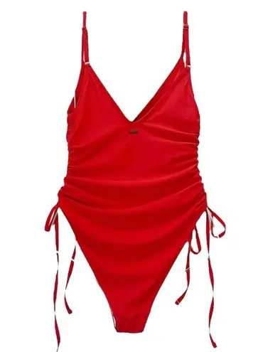 NWT We Are We Wear Eco Nicola Red Deep Plunge Swimsuit Size Small Ruched Sides