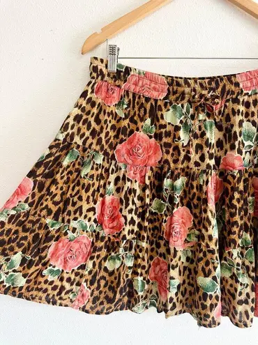 90’s Cheetah Print & Roses Tiered Skirt Brown Size M