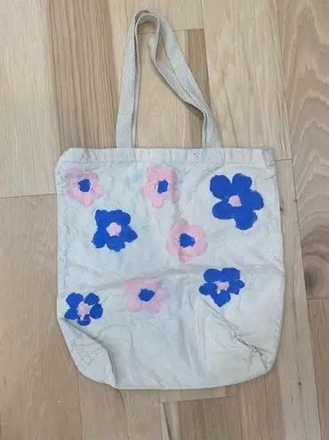 Daisy Hand painted  tote bag blue and pink