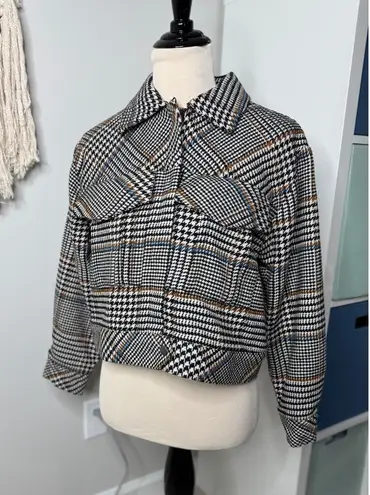 Le AL.X Women's Black White Blue Cabin Houndstooth Plaid Wool Cropped Jacket S