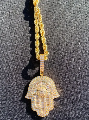 Gold Chain Rope Chain 24in 4mm And Icy Hamsa Pendant Set