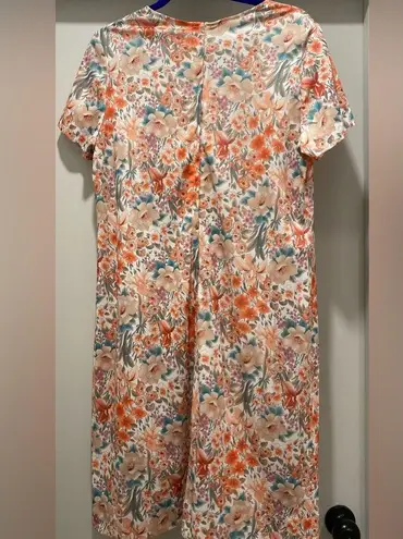 VTG Peach Orange Floral Print Short Sleeve Midi Dress