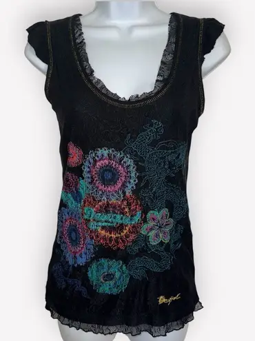Desigual Sleeveless Black Lace Dragon & Floral Print Gold Stitched Top EUC M