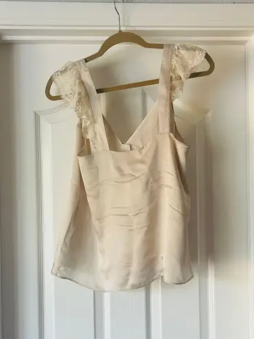 Cami NYC Cream Satin Button Down Tank Top with Lace Flutter Sleeves