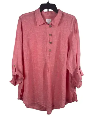 Sigrid Olsen 1X 100% Linen QTR Button Tunic Top Pink Roll Tab Sleeve Relaxed - Image 1