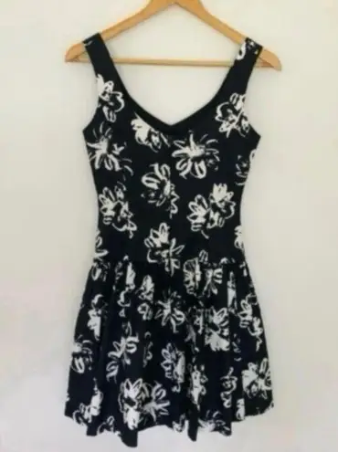 Laura Ashley Vintage Black Floral Mini Dress Fitted Silhouette Drop Waist Sweetheart