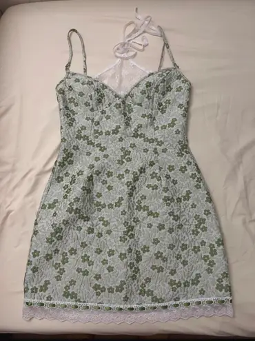 Green Floral Jacquard Halter Dress with Lace Hem Size L