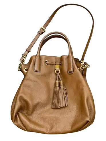 Michael Kors Crossbody Brown Pebbled Leather Tassel Bucket Hobo Bag Purse Gold