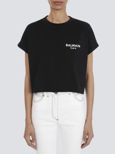 Balmain Cropped Eco-Designed Cotton T-Shirt Tee Flocked Logo Black XL NWT