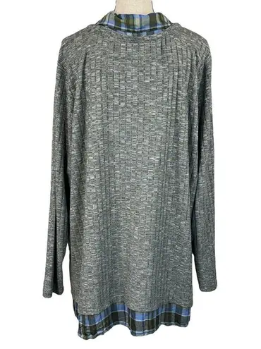 cj banks 3X-Large Sweater Long Sleeve Plaid Accent V-Neck Collared Stretch Gray