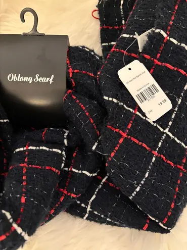 NWT Navy & Red Plaid Blanket Scarf Silver Thread 29x72 MSRP $20 Blue
