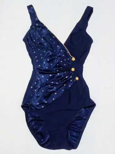 Longitude One Piece Swimsuit-Size 8 Tall-Shelf Bra-Gold Buttons-Stars-Union Made