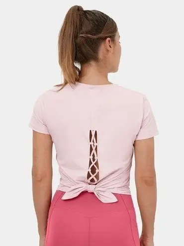 Halara  size S Pink Round Neck Short Sleeve Crisscross Split Tie Back Sports Top