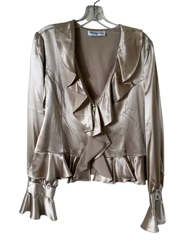 Bloomingdales Vintage Satin Ruffle Peplum Blouse SZ L Poet Sleeve Tan V Neck Button Up Romanti