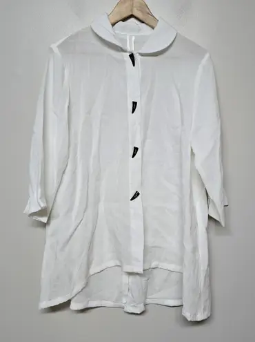 Fridaze Women's White Linen Tunic Jacket Sz M‎ 3/4 Sleeve Button Front Peter Pan Size M