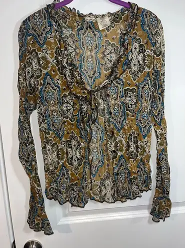 No Boundaries  Y2K Vintage Holographic Sequined Paisley Button Up Bell Sleeve Top - Image 2