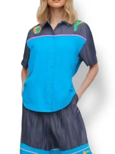 Vintage 90s Southwestern Appliqué Denim Button Up Shirt Gaucho Pants Set Medium Blue