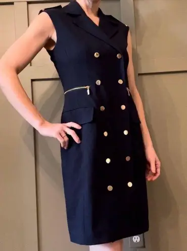 Calvin Klein  Navy Blue Gold Button Sleeveless Crepe Sheath Dress Size 2