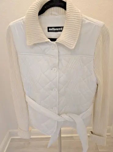 Dollhouse White Quilted M Jacket Ribbed Knit Sleeves Belted Hybrid Belted