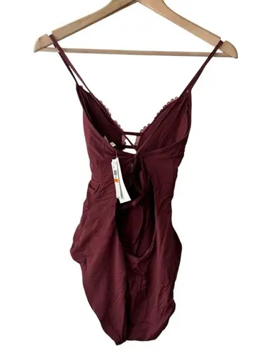 BECCA by Rebecca virtue Becca Delilah Brown Plunge Neck Crochet One Piece Swimsuit Size Small