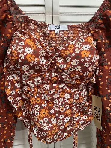 Madden NYC Floral Crop Top Long Chiffon Type Sleeves Ruched Smocked Tie Size L Orange