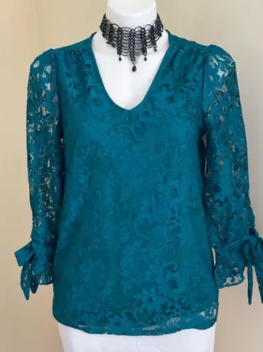 Charter Club NWT Teal Blue Sheer Lace Under Blouse Sz S Leg Of Mutton Bo…