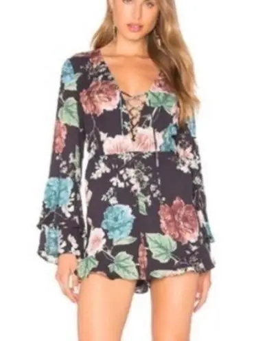 Bardot Revolve Black Floral Ruffle Sleeve Romper Lace Up 4