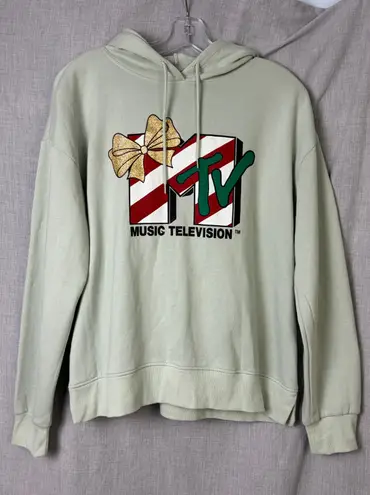 MTV Holiday Hoodie NWT Aqua Gray Candy Cane Logo Graphic Sweatshirt Christmas M Green Size M