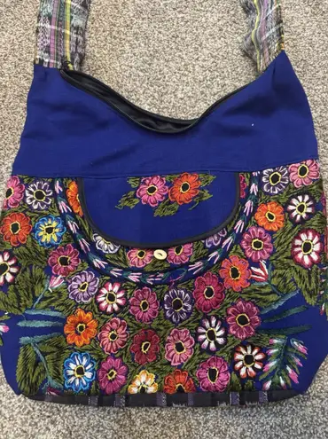 Handmade Guatemalan Multicolor Flowers Boho Hippie Shoulder Bag Crossbody Purse Blue
