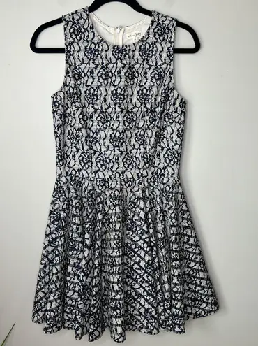 Maison Jules Fit & Flare Blue Floral Lace Overlaid on Cream Mini Dress SZ M