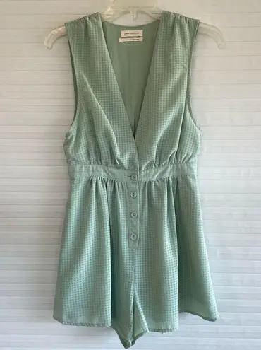 Urban Outfitters  Mint Plaid Chiffon Plunging Button-Down Romper