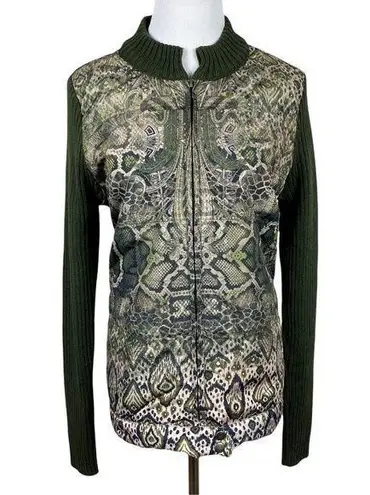 One World  Sweater Jacket XL Full Zip‎ Ribbed Knit Printed Green Long Sleeve