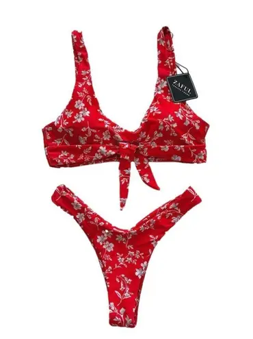 Zaful  Bikini Set Red White Floral Knot Cheeky Two Piece Swim Bikini Size 4 NEW