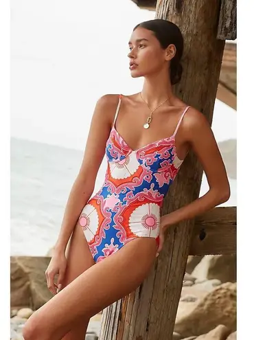 Agua Bendita Petra Pink Blue Print One-Piece Swimsuit Size Medium