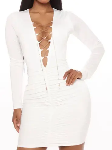 FashioNova White Satin Mini Dress With Gold Details 