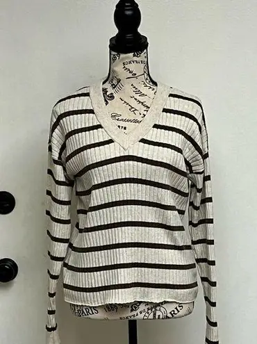 a.n.a  Stripped Ribbed Vneck Sweater Womens Nautical Preppy Cropped Old Money L