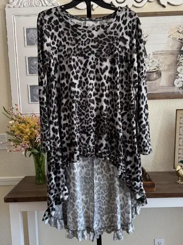 Oversized High Low Leopard Print Tunic Top Asymmetrical Layered Ruffle Modest Black